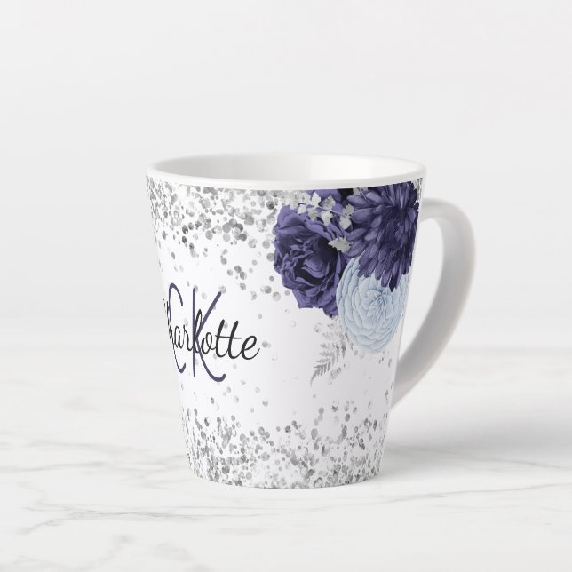 Silver navy blue florals elegant monogram name latte mug (Right Angle)