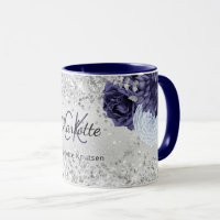 Silver navy blue florals elegant monogram name
