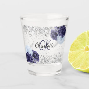 Silver navy blue florals elegant monogram name shot glass