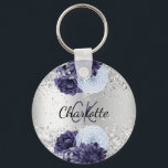 Silver navy blue florals elegant name key ring<br><div class="desc">A faux silver looking background decorated with navy blue and light blue florals,  flowers. Personalise and add your monogram initials and first name</div>
