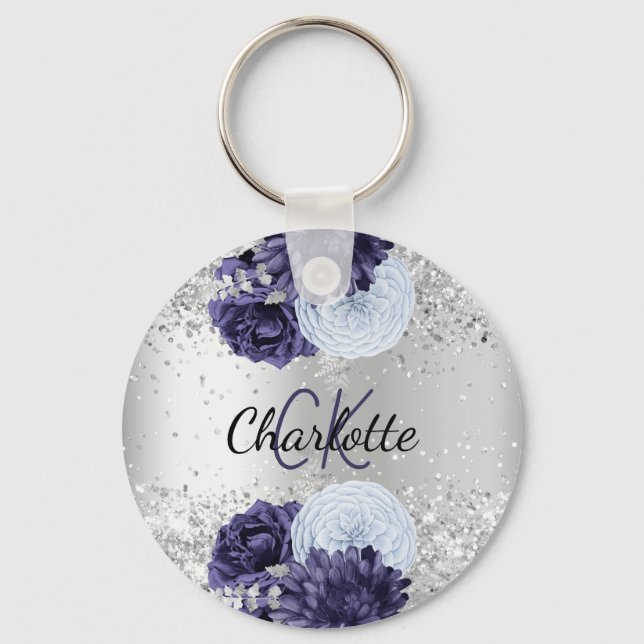Silver navy blue florals elegant name key ring (Front)
