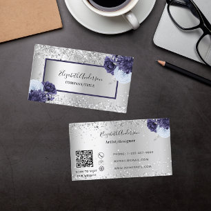 Silver navy blue florals elegant QR code Business Card