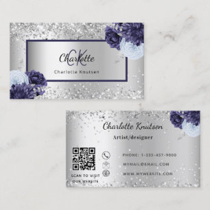 Silver navy blue florals monogram QR code Business Card