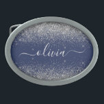 Silver Navy Blue Girly Glitter Sparkle Monogram Belt Buckle<br><div class="desc">Navy Blue and Silver Sparkle Glitter Script Monogram Name Belt Buckle. This makes the perfect graduation,  sweet 16 16th,  18th,  21st,  30th,  40th,  50th,  60th,  70th,  80th,  90th,  100th birthday,  wedding,  bridal shower,  anniversary,  baby shower or bachelorette party gift for someone that loves glam luxury and chic styles.</div>