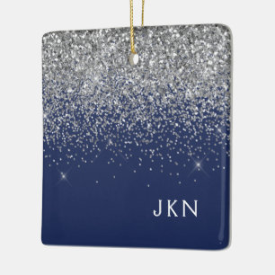 Silver Navy Blue Girly Glitter Sparkle Monogram Ceramic Ornament