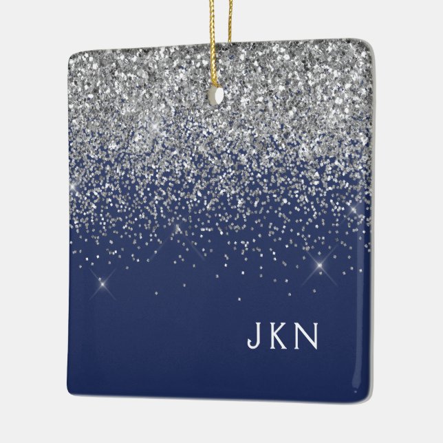 Silver Navy Blue Girly Glitter Sparkle Monogram Ceramic Ornament (Left)