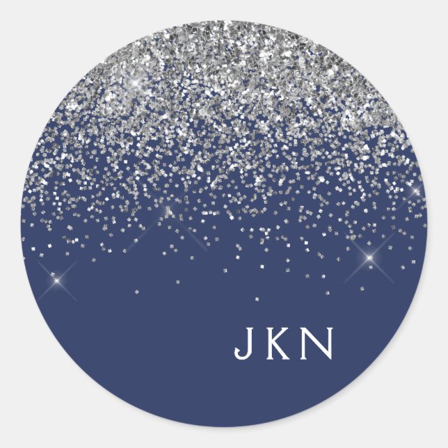 Silver Navy Blue Girly Glitter Sparkle Monogram Classic Round Sticker (Front)