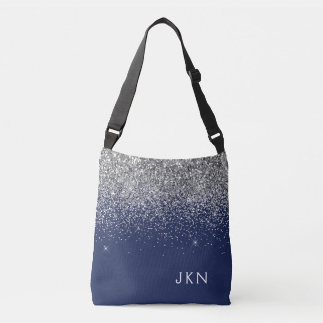 Silver Navy Blue Girly Glitter Sparkle Monogram Crossbody Bag (Front)