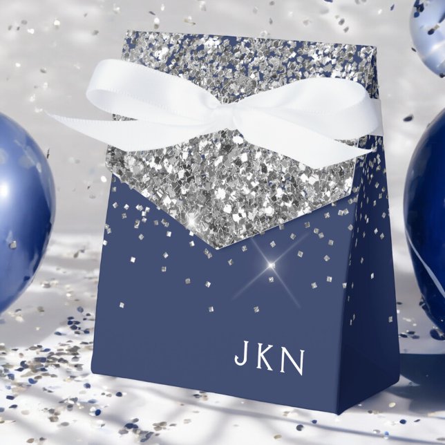 Silver Navy Blue Girly Glitter Sparkle Monogram Favour Box (Creator Uploaded)