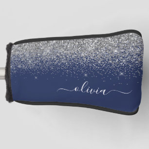 Silver Navy Blue Girly Glitter Sparkle Monogram Golf Head Cover