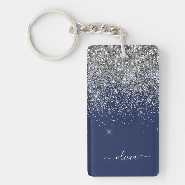 Silver Navy Blue Girly Glitter Sparkle Monogram Key Ring (Front)