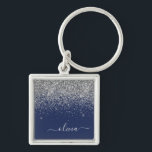 Silver Navy Blue Girly Glitter Sparkle Monogram Key Ring<br><div class="desc">Silver and Navy Blue Sparkle Glitter Script Monogram Name Keychains (Key Chain). This makes the perfect sweet 16 birthday,  wedding,  bridal shower,  anniversary,  baby shower or bachelorette party gift for someone that loves glam luxury and chic styles.</div>