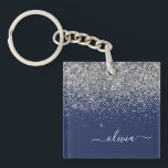 Silver Navy Blue Girly Glitter Sparkle Monogram Key Ring<br><div class="desc">Navy Blue and Silver Faux Foil Sparkle Glitter Script Monogram Name Keychain. This makes the perfect sweet 16 birthday,  wedding,  bridal shower,  anniversary,  baby shower or bachelorette party gift for someone that loves glam luxury and chic styles.</div>
