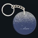 Silver Navy Blue Girly Glitter Sparkle Monogram Key Ring<br><div class="desc">Silver and Navy Blue Sparkle Glitter Script Monogram Name Keychain. This makes the perfect sweet 16 birthday,  wedding,  bridal shower,  anniversary,  baby shower or bachelorette party gift for someone that loves glam luxury and chic styles.</div>