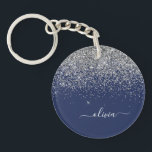 Silver Navy Blue Girly Glitter Sparkle Monogram Key Ring<br><div class="desc">Silver and Navy Blue Sparkle Glitter Script Monogram Name Keychain. This makes the perfect sweet 16 birthday,  wedding,  bridal shower,  anniversary,  baby shower or bachelorette party gift for someone that loves glam luxury and chic styles.</div>