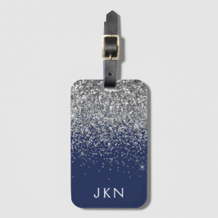 Silver Navy Blue Girly Glitter Sparkle Monogram Luggage Tag