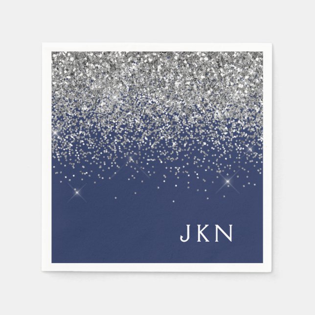 Silver Navy Blue Girly Glitter Sparkle Monogram Napkin (Front)