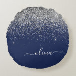 Silver Navy Blue Girly Glitter Sparkle Monogram Round Cushion<br><div class="desc">Navy Blue and Silver Sparkle Glitter Script Monogram Name Pouf Pillow. The pillow makes the perfect sweet 16 birthday,  wedding,  bridal shower,  baby shower or bachelorette party gift for someone decorating her room in rose gold.</div>