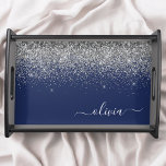 Silver Navy Blue Girly Glitter Sparkle Monogram Serving Tray<br><div class="desc">Navy Blue and Silver Faux Sparkle Glitter Script Monogram Name Place Serving Tray. This makes the perfect graduation,  birthday,  wedding,  bridal shower,  anniversary,  baby shower or bachelorette party gift for someone that loves glam luxury and chic styles.</div>