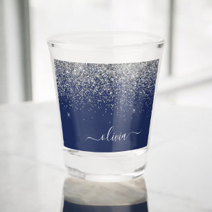 Silver Navy Blue Girly Glitter Sparkle Monogram Shot Glass