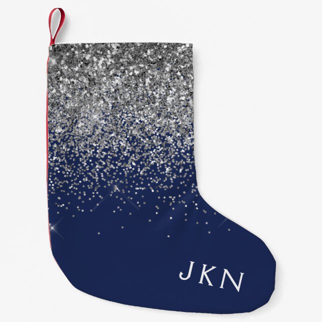 Silver Navy Blue Girly Glitter Sparkle Monogram Small Christmas Stocking (Front)