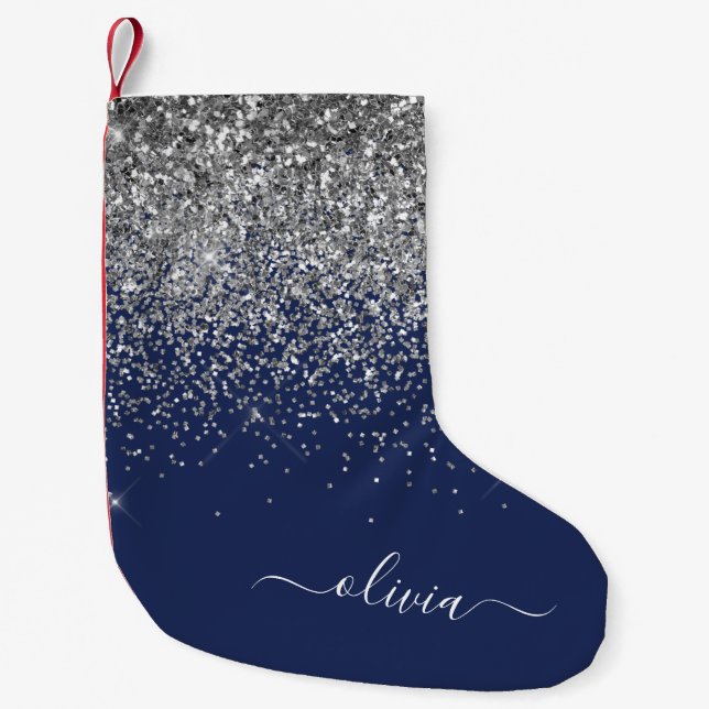 Silver Navy Blue Girly Glitter Sparkle Monogram Small Christmas Stocking (Front)