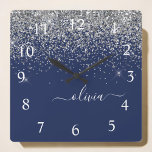 Silver Navy Blue Girly Glitter Sparkle Monogram Square Wall Clock<br><div class="desc">Silver and Navy Blue Sparkle Glitter Script Monogram Name Clock. This makes the perfect sweet 16 birthday,  wedding,  bridal shower,  anniversary,  baby shower or bachelorette party gift for someone that loves glam luxury and chic styles.</div>