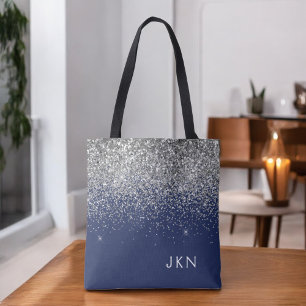 Silver Navy Blue Girly Glitter Sparkle Monogram Tote Bag