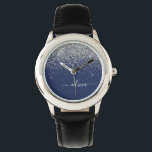 Silver Navy Blue Girly Glitter Sparkle Monogram Watch<br><div class="desc">Navy Blue and Silver Sparkle Glitter Script Monogram Name Watch. This makes the perfect sweet 16 birthday,  wedding,  bridal shower,  anniversary,  baby shower or bachelorette party gift for someone that loves glam luxury and chic styles.</div>
