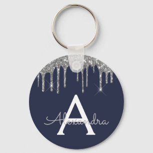 Silver Navy Blue Girly Sparkly Glitter Monogram Key Ring