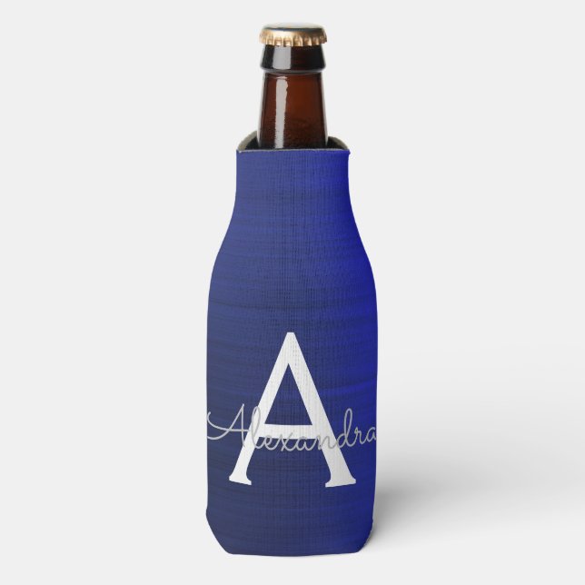 Silver Navy Blue Glitter Brushed Metal Monogram Bottle Cooler (Bottle Front)
