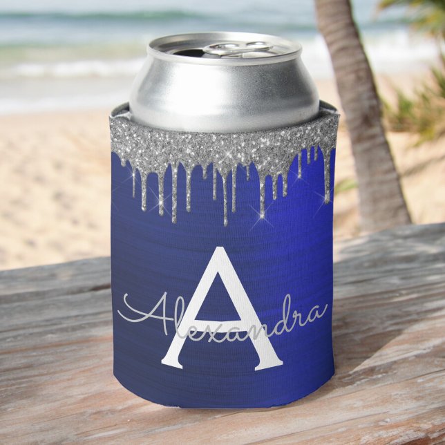Silver Navy Blue Glitter Brushed Metal Monogram Can Cooler (Creator Uploaded)