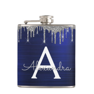 Silver Navy Blue Glitter Brushed Metal Monogram Hip Flask