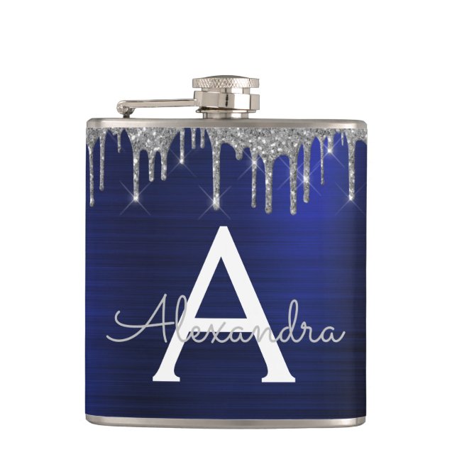 Silver Navy Blue Glitter Brushed Metal Monogram Hip Flask (Front)