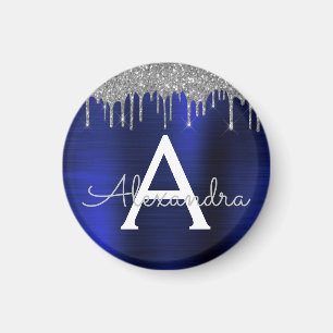 Silver Navy Blue Glitter Brushed Metal Monogram Magnet