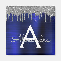 Silver Navy Blue Glitter Brushed Metal Monogram