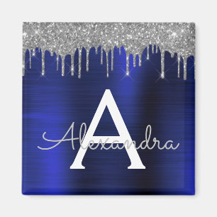 Silver Navy Blue Glitter Brushed Metal Monogram Magnet