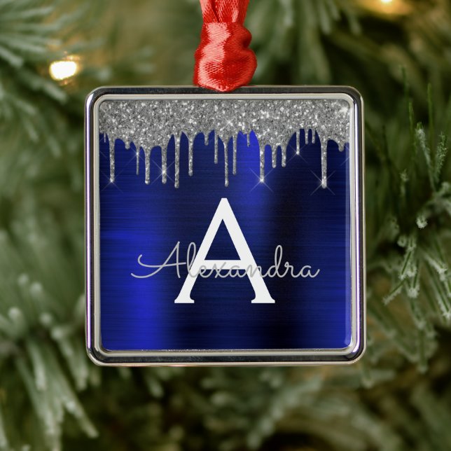 Silver Navy Blue Glitter Brushed Metal Monogram Metal Tree Decoration (Tree)