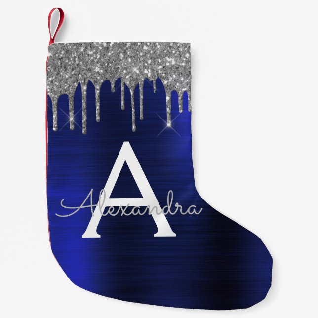 Silver Navy Blue Glitter Brushed Metal Monogram Small Christmas Stocking (Front)