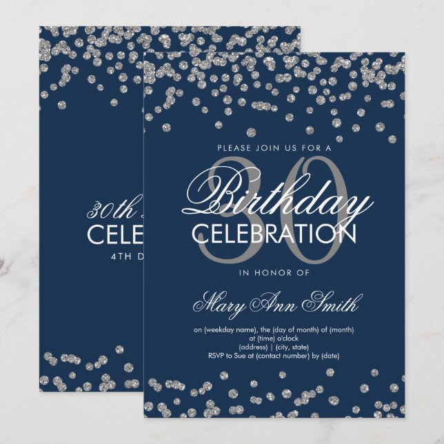 Silver Navy Blue Glitter Confetti 30th Birthday Invitation (Front/Back)