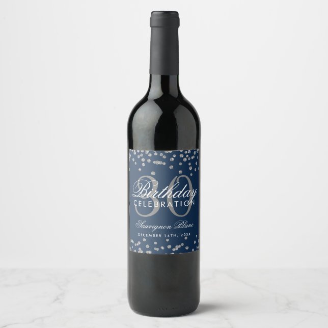 Silver Navy Blue Glitter Confetti 30th Birthday Wine Label (Front)