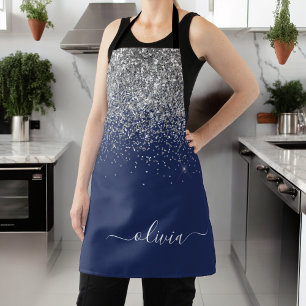 Silver Navy Blue Glitter Girly Monogram Name Apron