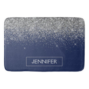 Silver Navy Blue Glitter Girly Monogram Name Bath Mat