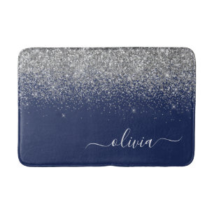Silver Navy Blue Glitter Girly Monogram Name Bath Mat