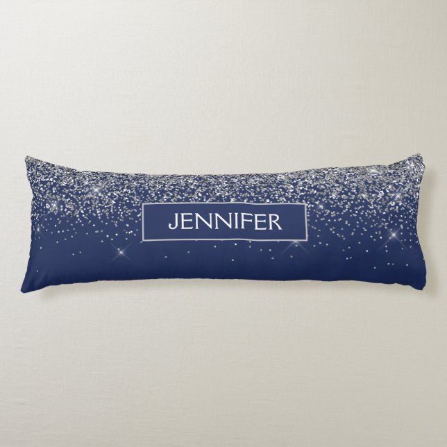 Silver Navy Blue Glitter Girly Monogram Name Body Cushion (Front)