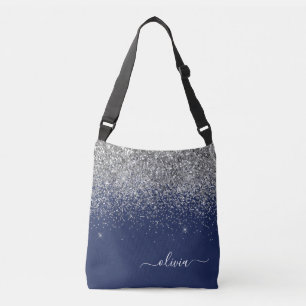 Silver Navy Blue Glitter Girly Monogram Name Crossbody Bag