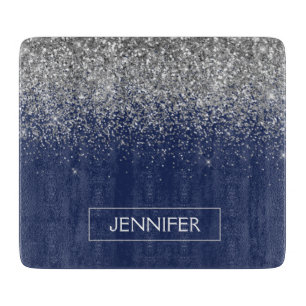 Silver Navy Blue Glitter Girly Monogram Name Cutting Board