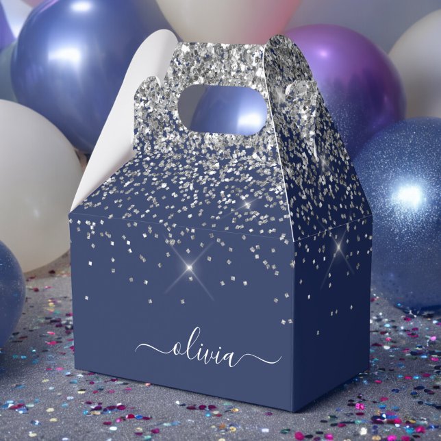 Silver Navy Blue Glitter Girly Monogram Name Favour Box (Creator Uploaded)