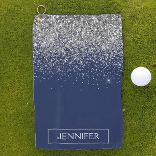 Silver Navy Blue Glitter Girly Monogram Name Golf Towel