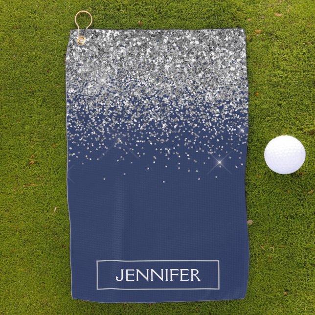 Silver Navy Blue Glitter Girly Monogram Name Golf Towel (Creator Uploaded)